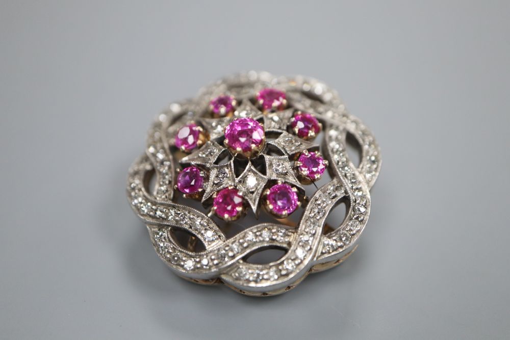 A Victorian/Edwardian ruby and diamond brooch with later pendant fitting